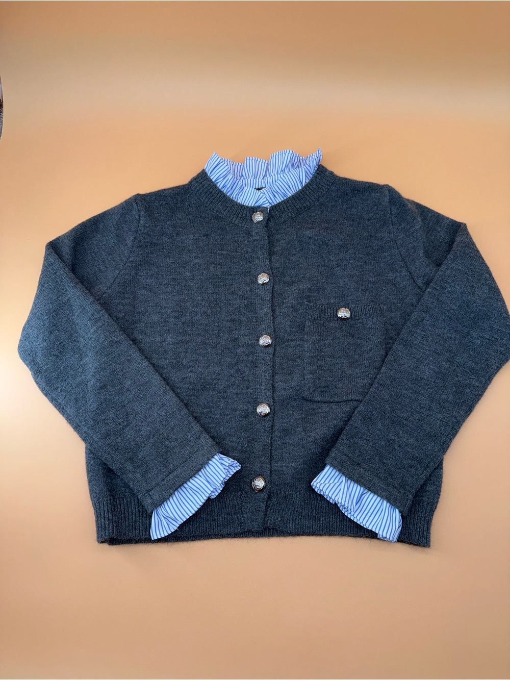 Etro Dark Gray Knit Cardigan Preppy Blue Striped Ruffle Collar Silver Buttons